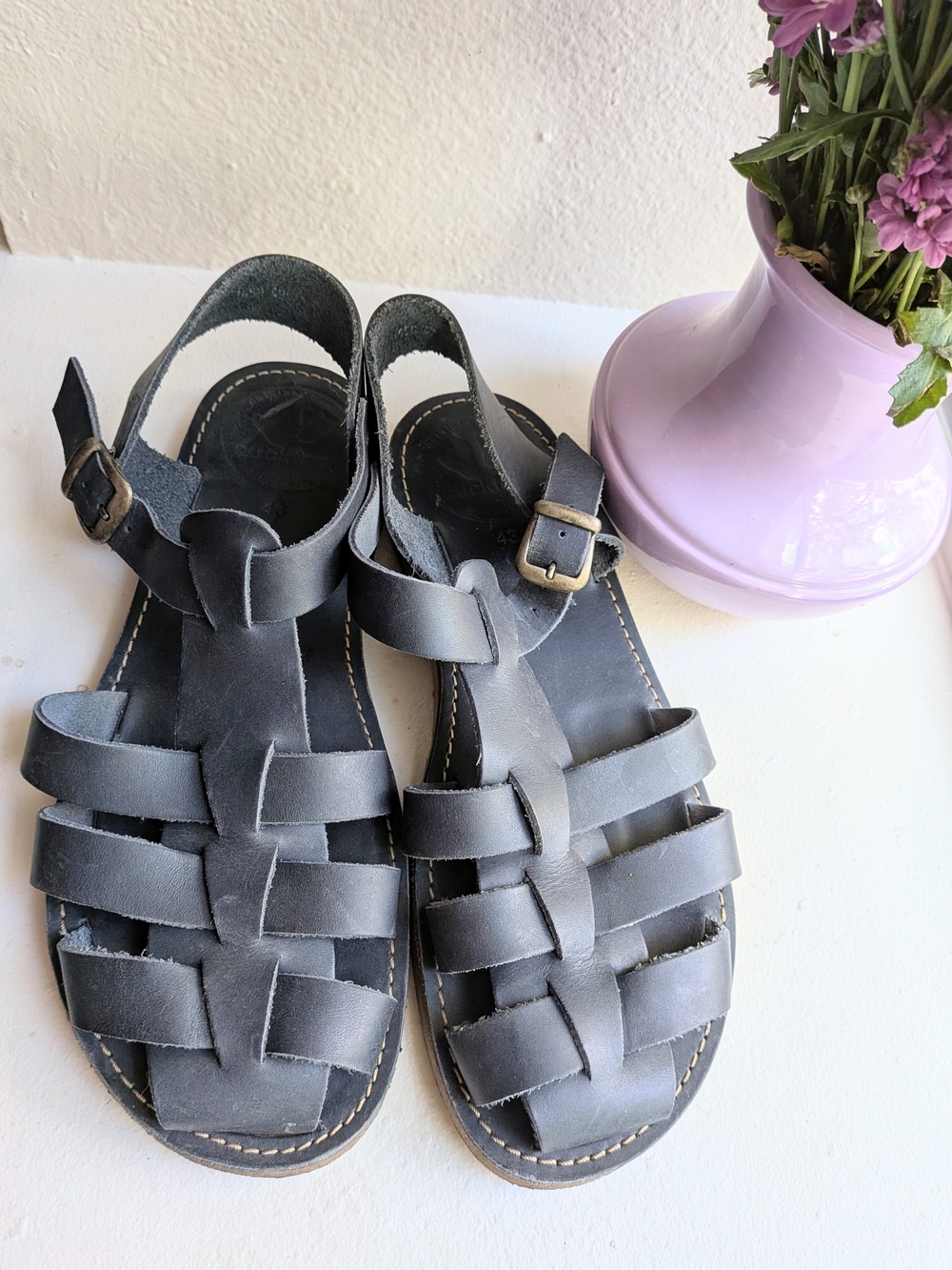 Duckfeet 43 Ringkoben Charcoal Leather Woven Sandals